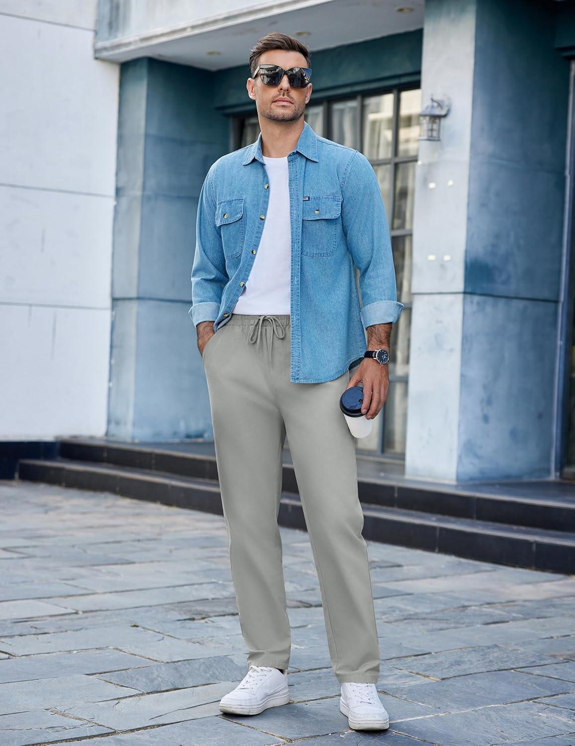 imageCOOFANDY Mens Casual Cotton Pants Regular Fit Elastic Waist Drawstring Twill Pants Straight Leg Chino PantsLight Grey