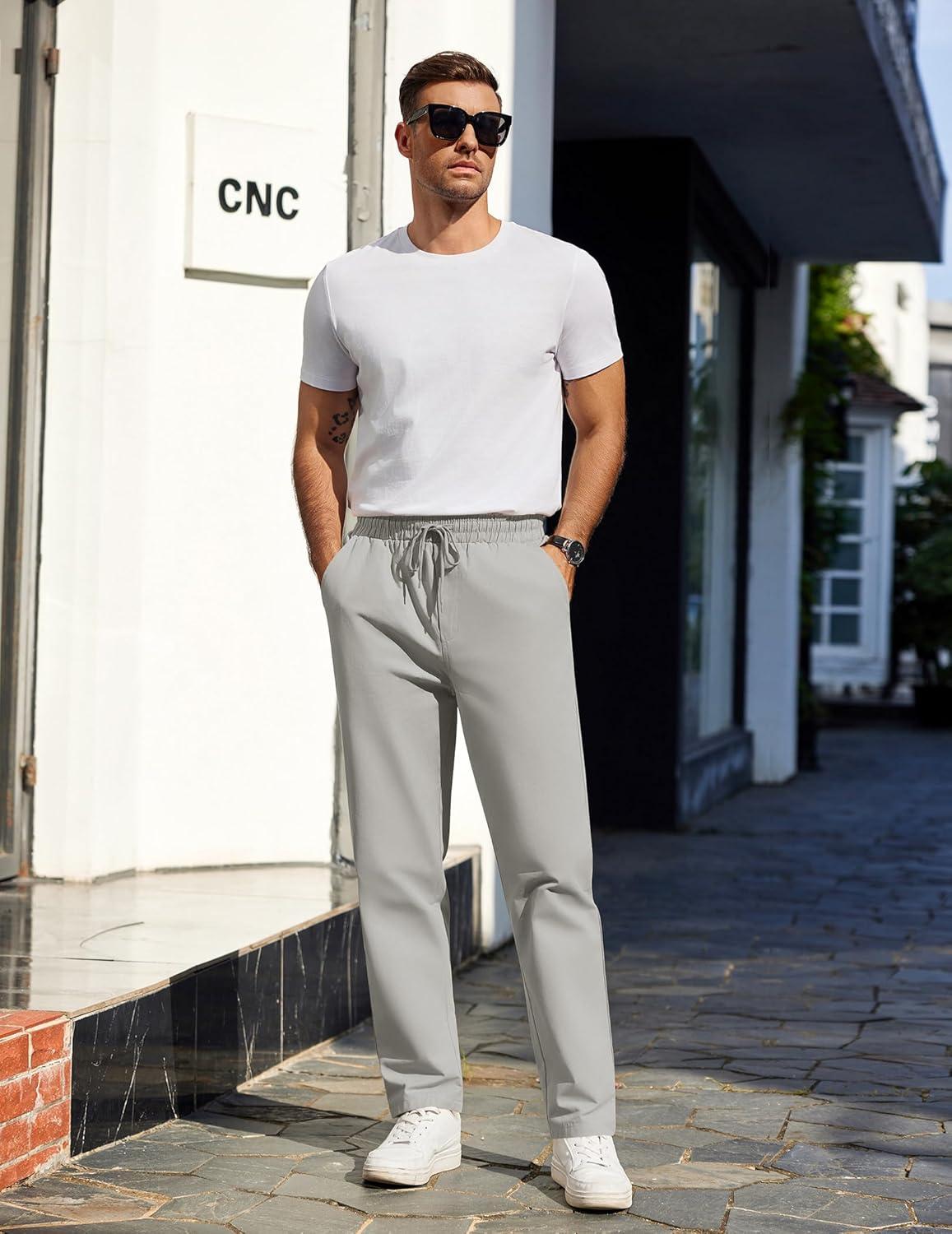 imageCOOFANDY Mens Casual Cotton Pants Regular Fit Elastic Waist Drawstring Twill Pants Straight Leg Chino PantsLight Grey