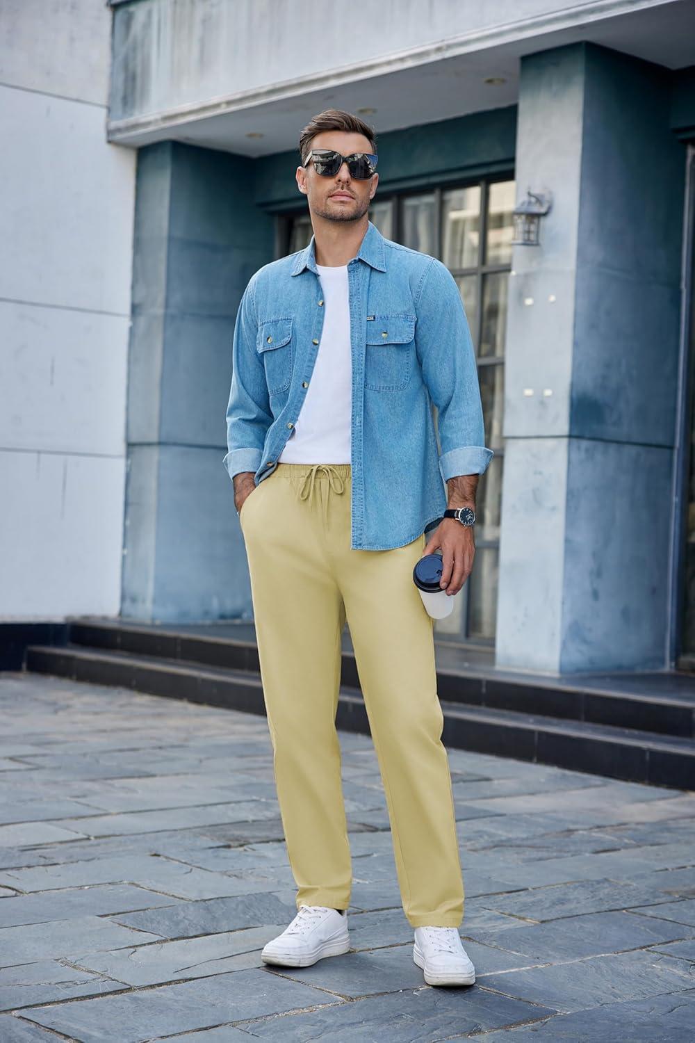 imageCOOFANDY Mens Casual Cotton Pants Regular Fit Elastic Waist Drawstring Twill Pants Straight Leg Chino PantsLight Khaki