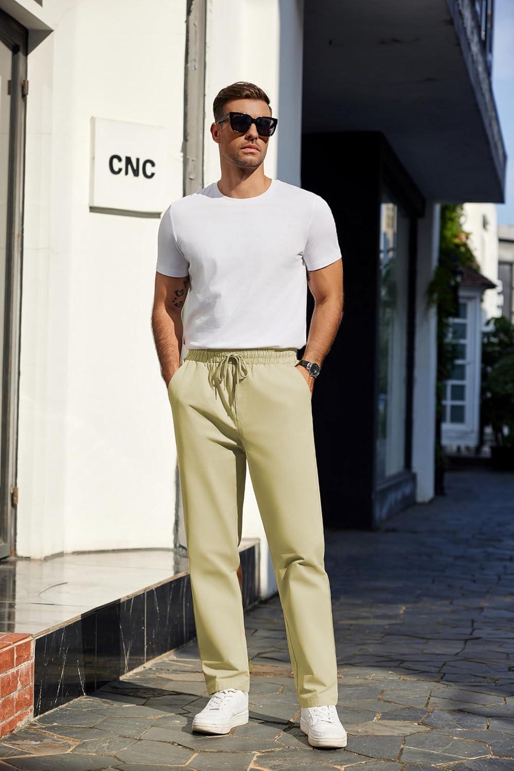 imageCOOFANDY Mens Casual Cotton Pants Regular Fit Elastic Waist Drawstring Twill Pants Straight Leg Chino PantsLight Khaki