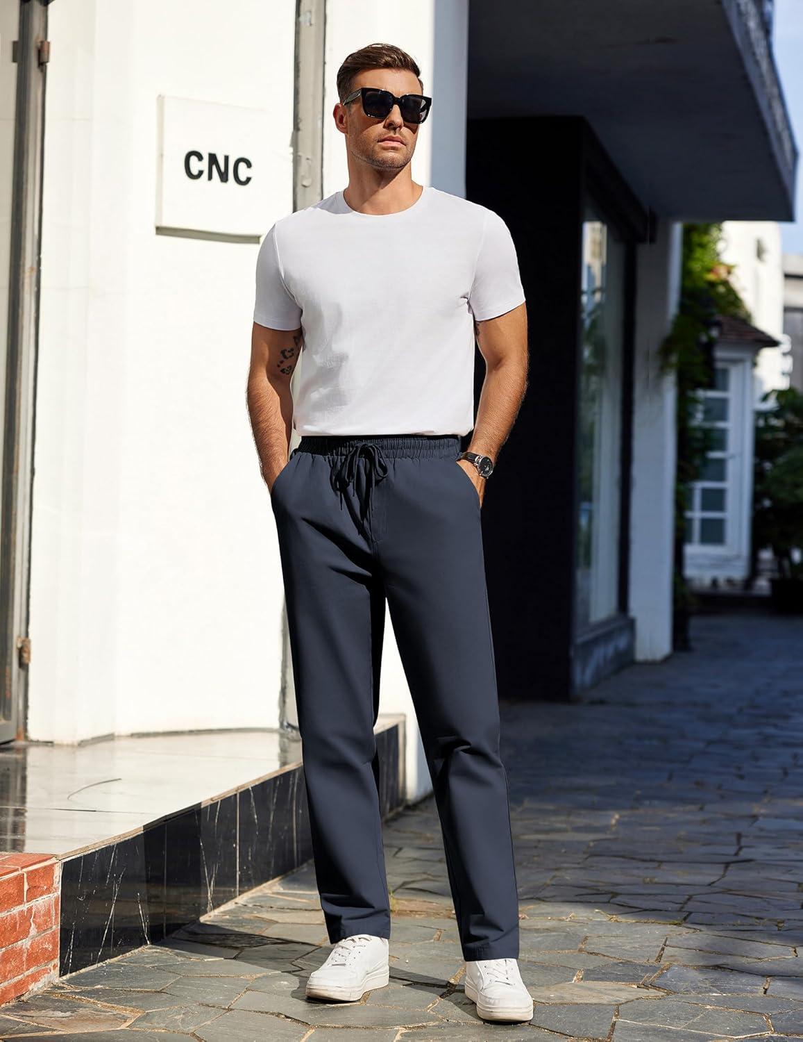 imageCOOFANDY Mens Casual Cotton Pants Regular Fit Elastic Waist Drawstring Twill Pants Straight Leg Chino PantsNavy Blue