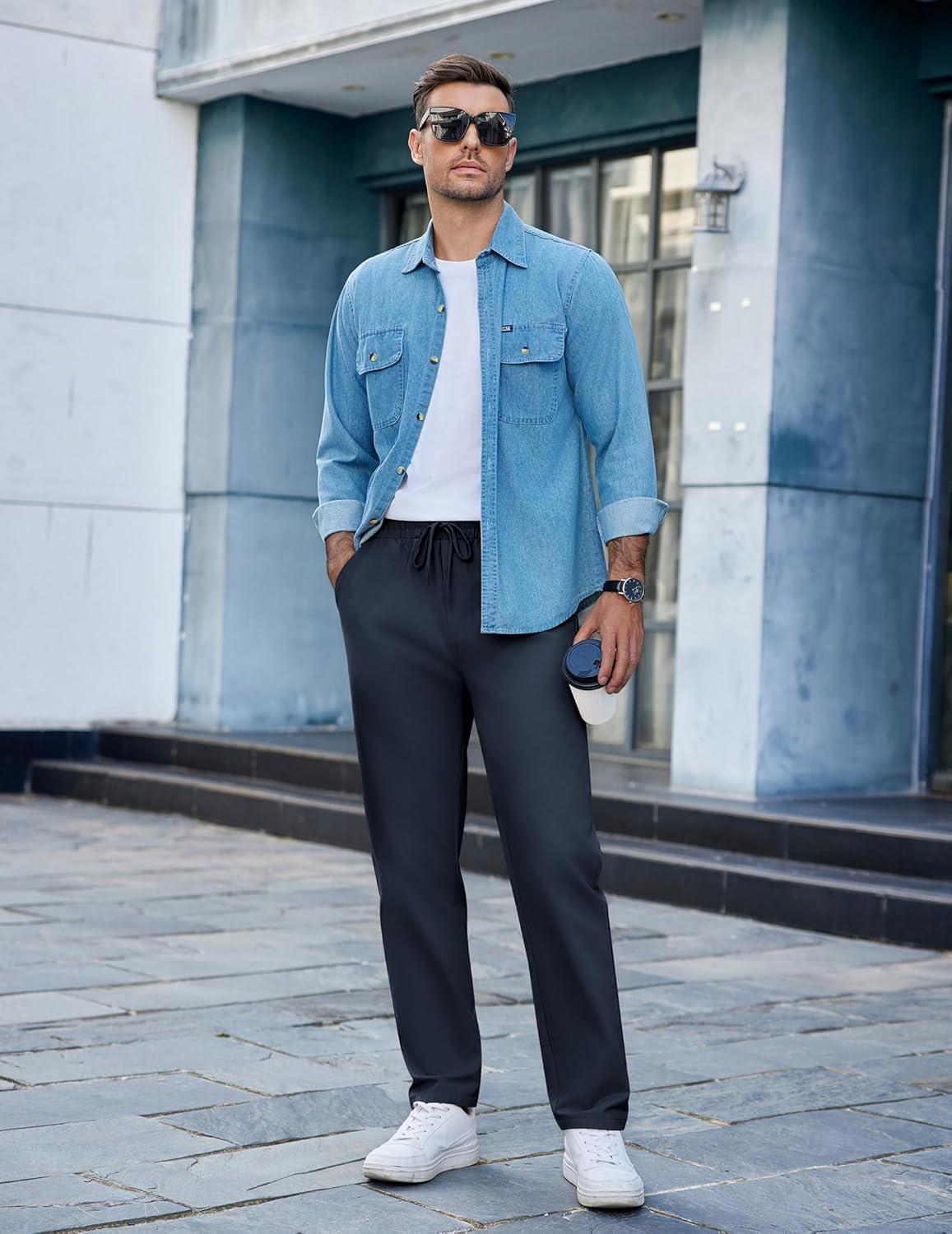 imageCOOFANDY Mens Casual Cotton Pants Regular Fit Elastic Waist Drawstring Twill Pants Straight Leg Chino PantsNavy Blue