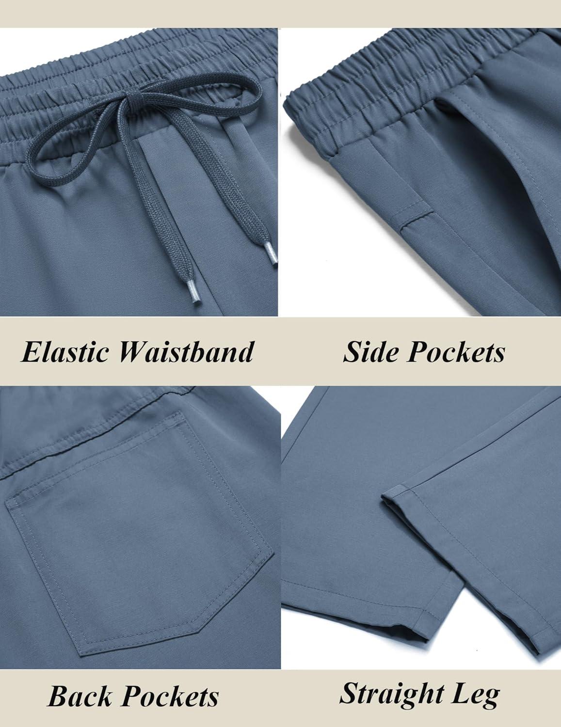 imageCOOFANDY Mens Casual Cotton Pants Regular Fit Elastic Waist Drawstring Twill Pants Straight Leg Chino PantsSlate Blue