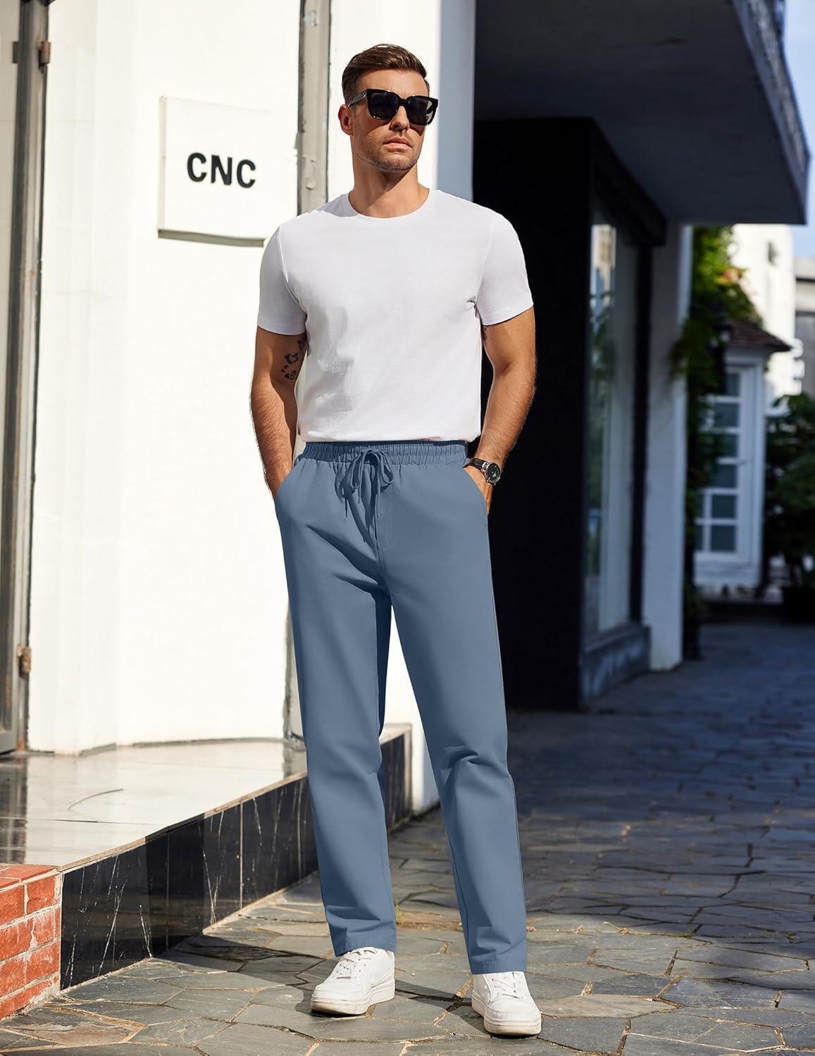 imageCOOFANDY Mens Casual Cotton Pants Regular Fit Elastic Waist Drawstring Twill Pants Straight Leg Chino PantsSlate Blue
