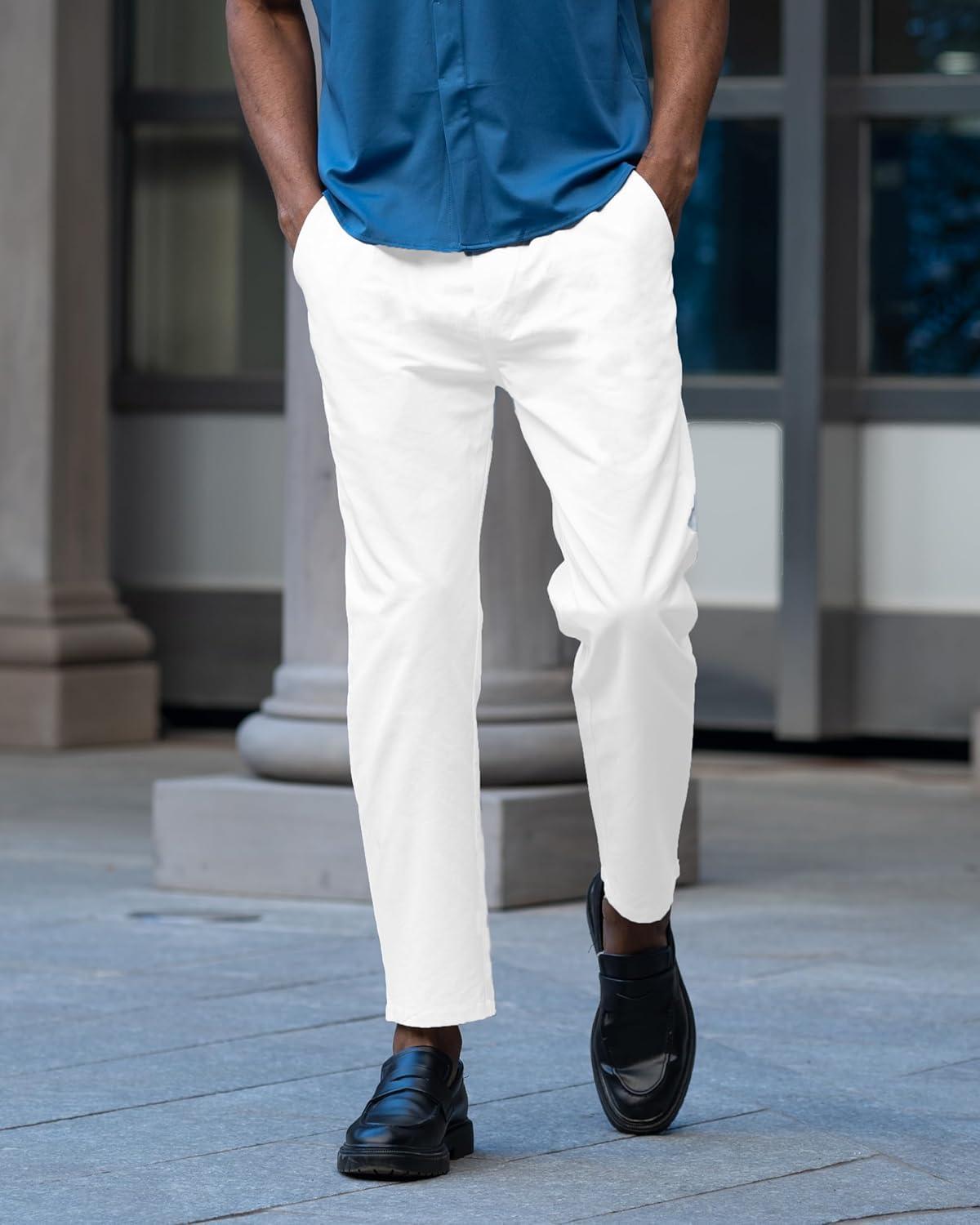 imageCOOFANDY Mens Casual Cotton Pants Regular Fit Elastic Waist Drawstring Twill Pants Straight Leg Chino PantsWhite