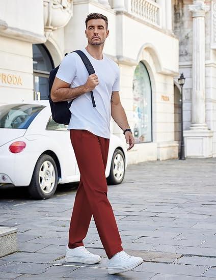 imageCOOFANDY Mens Casual Cotton Pants Regular Fit Elastic Waist Drawstring Twill Pants Straight Leg Chino PantsWine Red