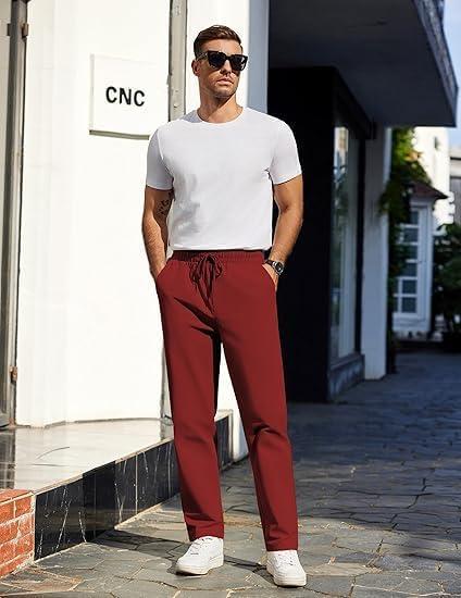 imageCOOFANDY Mens Casual Cotton Pants Regular Fit Elastic Waist Drawstring Twill Pants Straight Leg Chino PantsWine Red