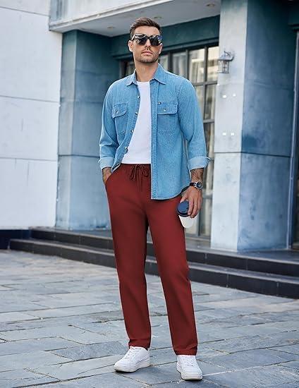 imageCOOFANDY Mens Casual Cotton Pants Regular Fit Elastic Waist Drawstring Twill Pants Straight Leg Chino PantsWine Red