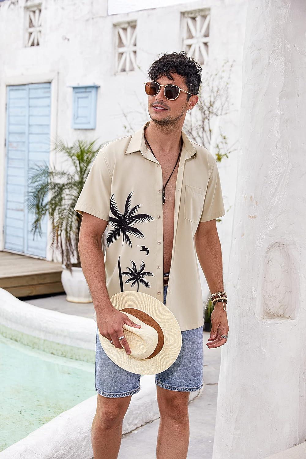 imageCOOFANDY Mens Hawaiian Tropical Shirts Short Sleeve Button Down Summer Beach Shirt with PocketBeige  Palm Tree