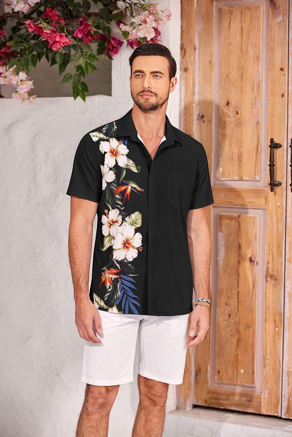 imageCOOFANDY Mens Hawaiian Tropical Shirts Short Sleeve Button Down Summer Beach Shirt with PocketBlack  Floral