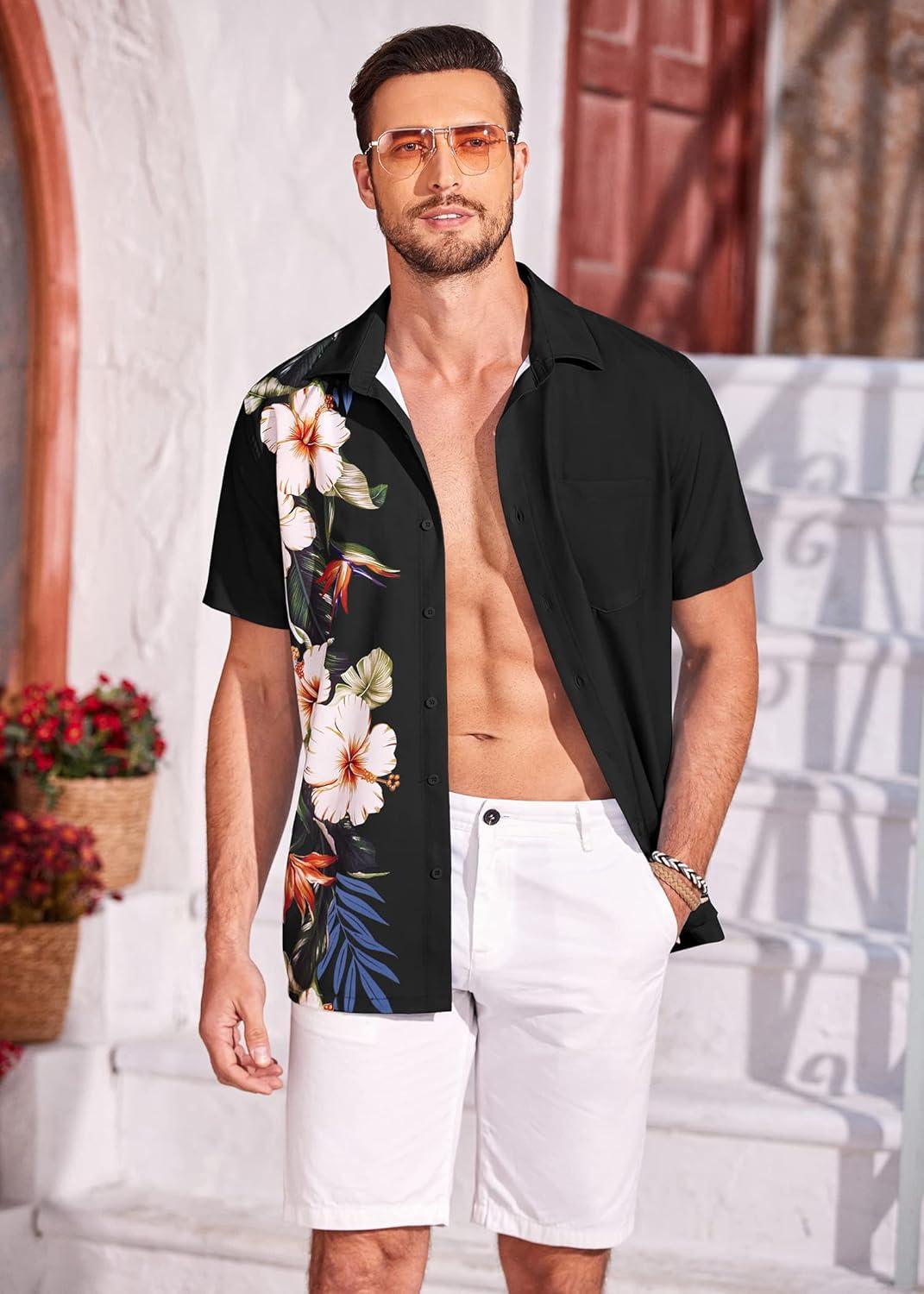 imageCOOFANDY Mens Hawaiian Tropical Shirts Short Sleeve Button Down Summer Beach Shirt with PocketBlack  Floral