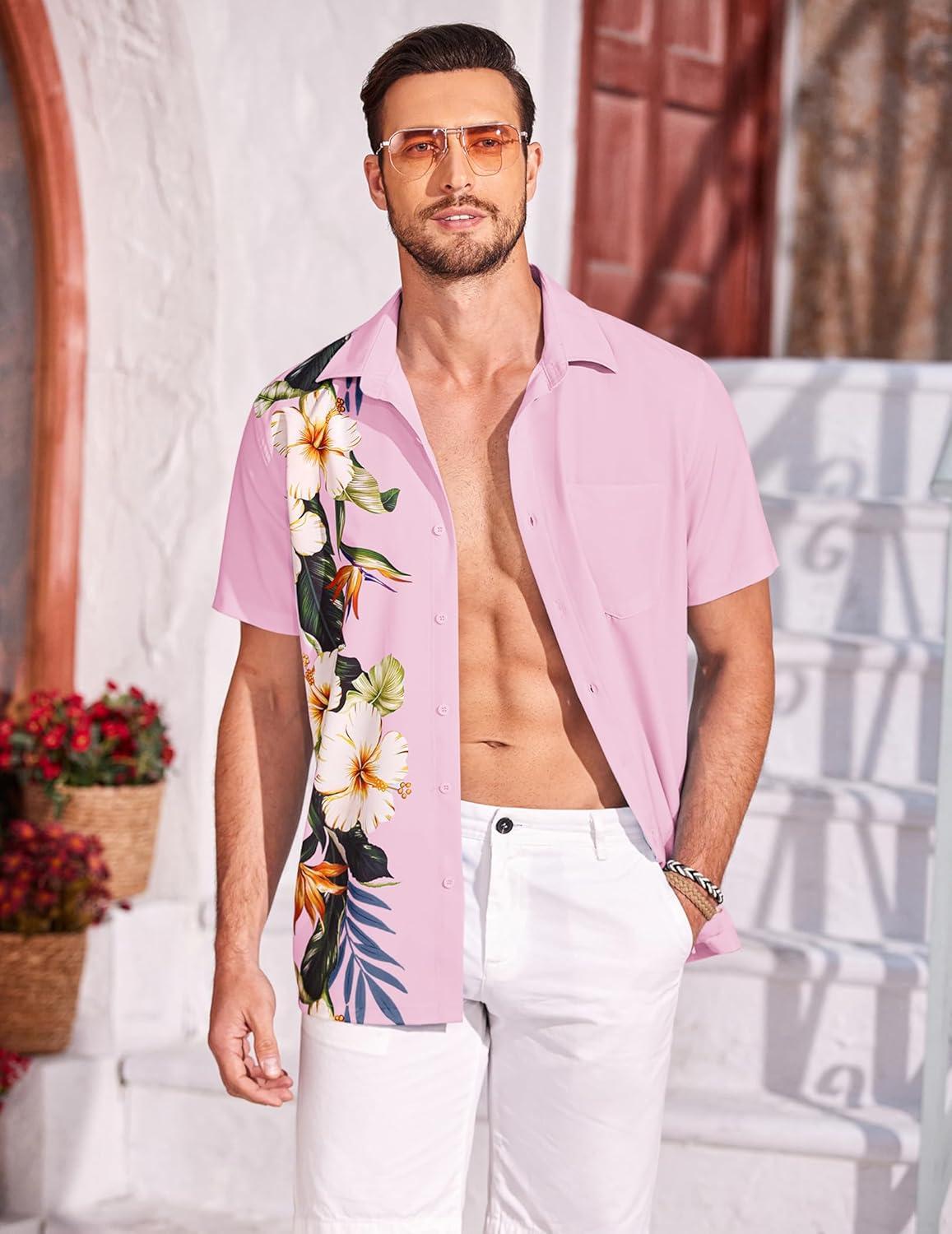imageCOOFANDY Mens Hawaiian Tropical Shirts Short Sleeve Button Down Summer Beach Shirt with PocketPink  Floral
