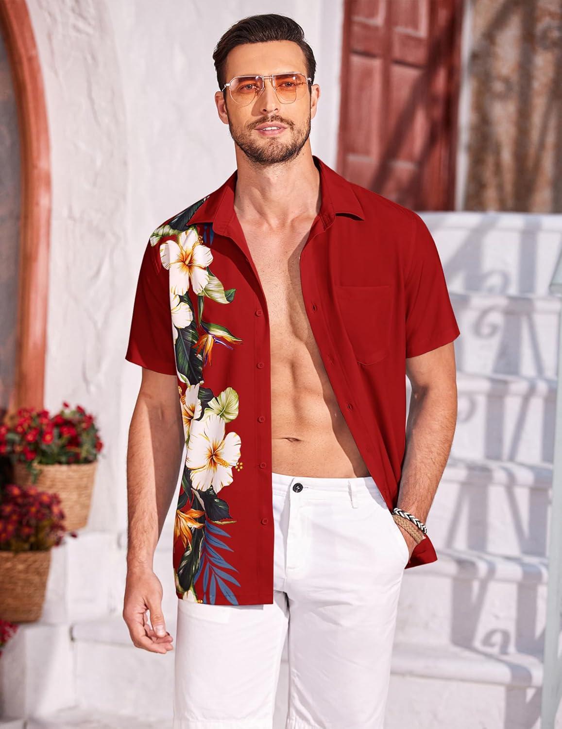 imageCOOFANDY Mens Hawaiian Tropical Shirts Short Sleeve Button Down Summer Beach Shirt with PocketRed  Floral