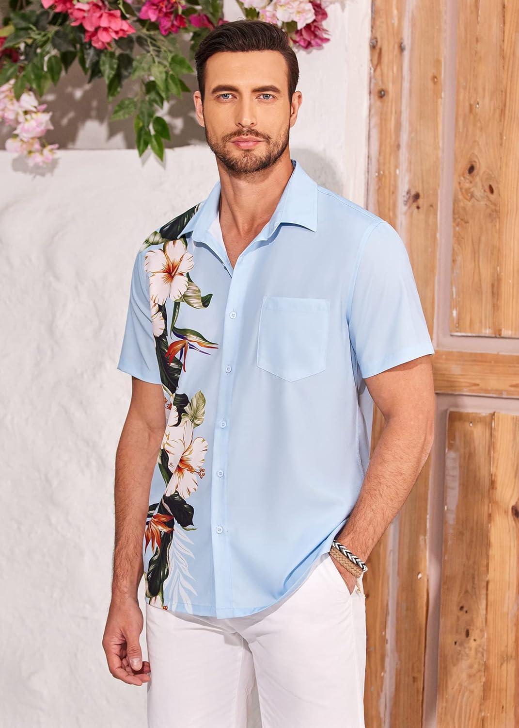 imageCOOFANDY Mens Hawaiian Tropical Shirts Short Sleeve Button Down Summer Beach Shirt with PocketSky Blue  Floral