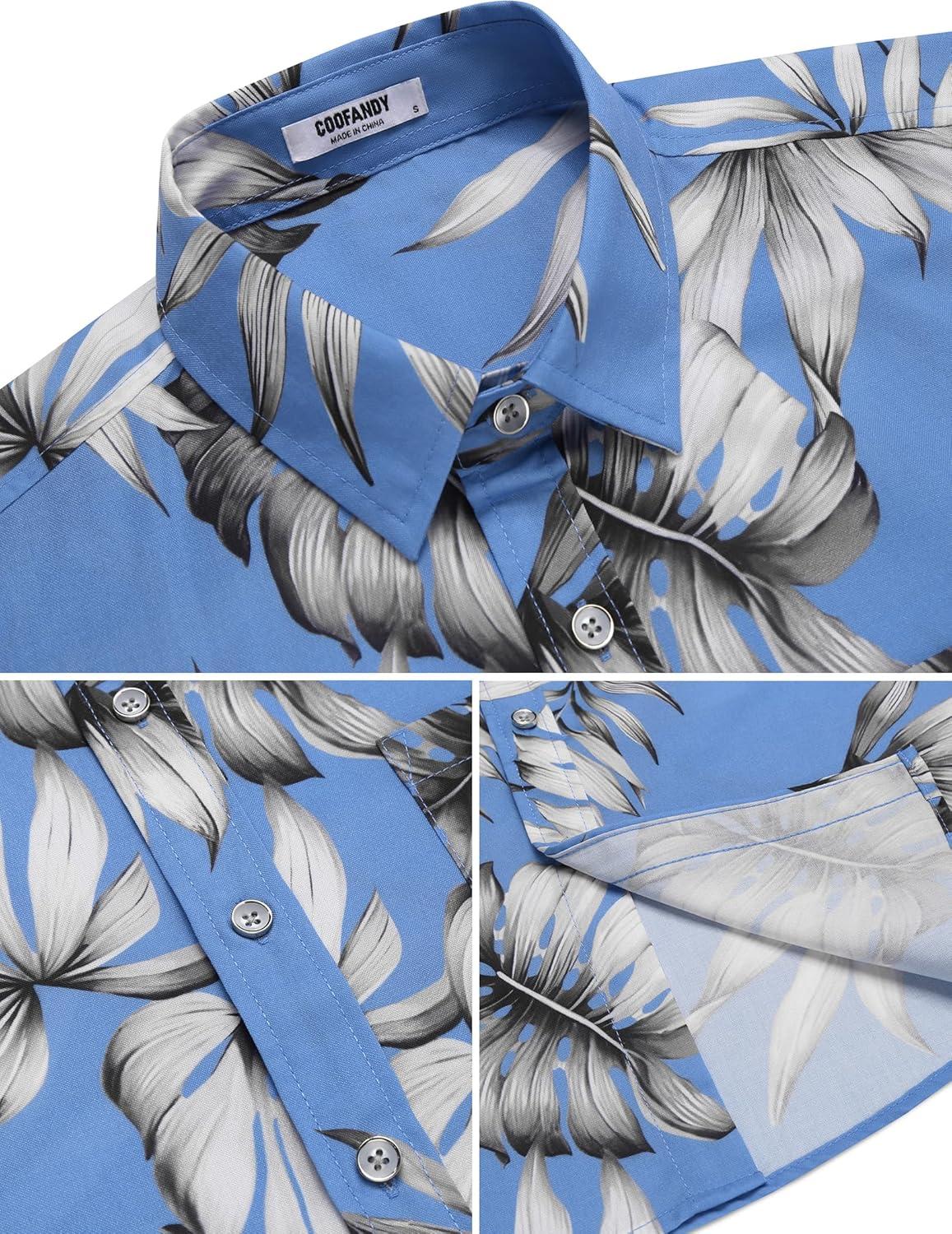 imageCOOFANDY Mens Hawaiian Tropical Shirts Short Sleeve Button Down Summer Beach Shirt with PocketSky Blue  White Leaf