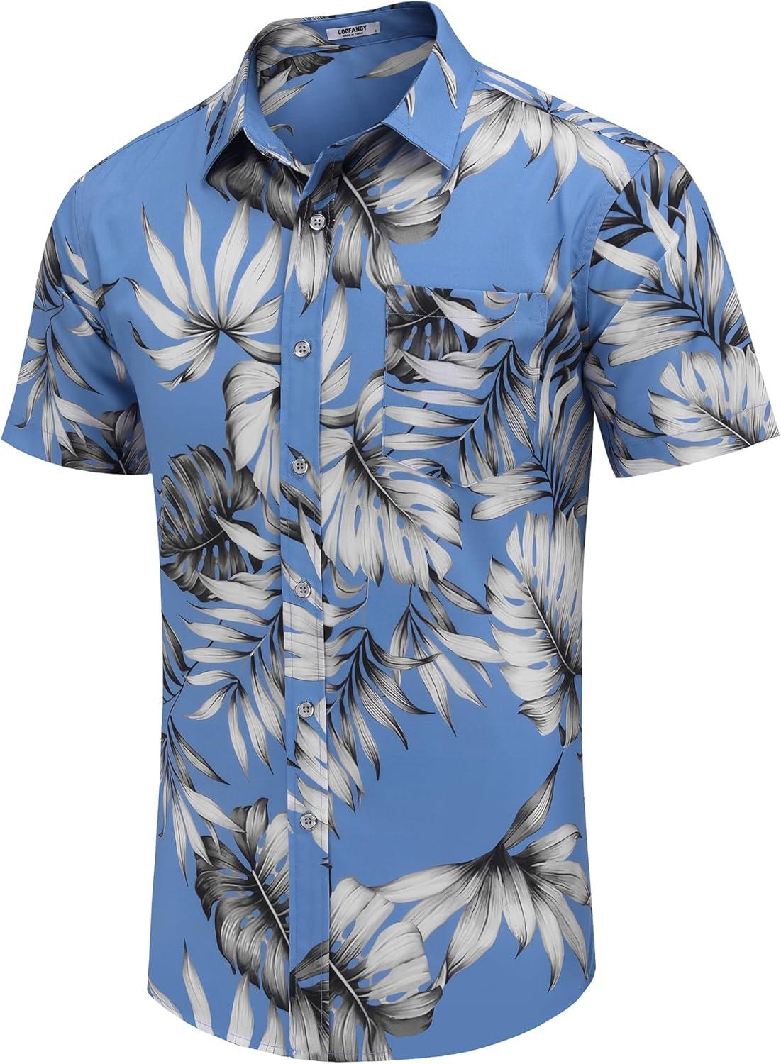 imageCOOFANDY Mens Hawaiian Tropical Shirts Short Sleeve Button Down Summer Beach Shirt with PocketSky Blue  White Leaf