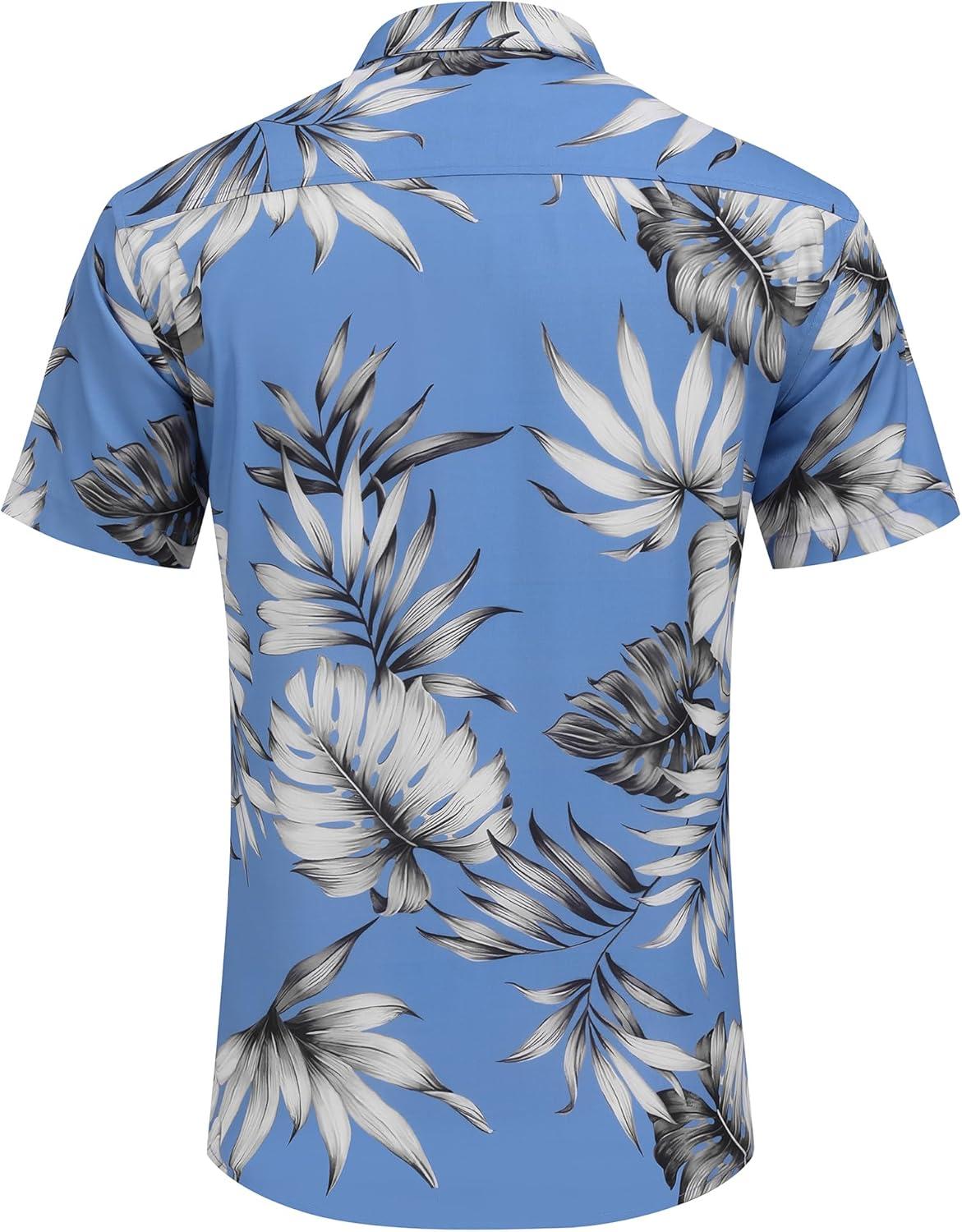 imageCOOFANDY Mens Hawaiian Tropical Shirts Short Sleeve Button Down Summer Beach Shirt with PocketSky Blue  White Leaf