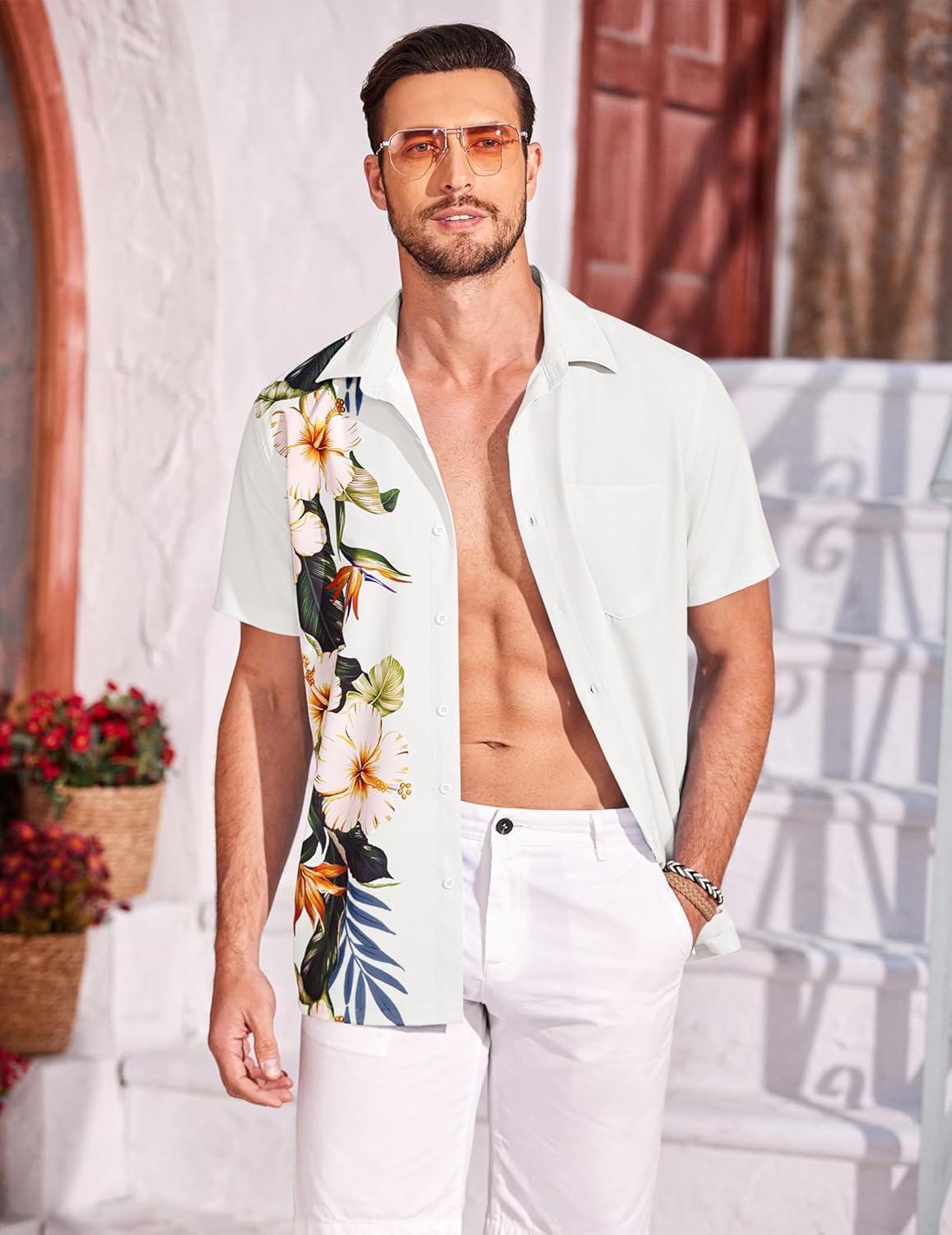 imageCOOFANDY Mens Hawaiian Tropical Shirts Short Sleeve Button Down Summer Beach Shirt with PocketWhite  Floral