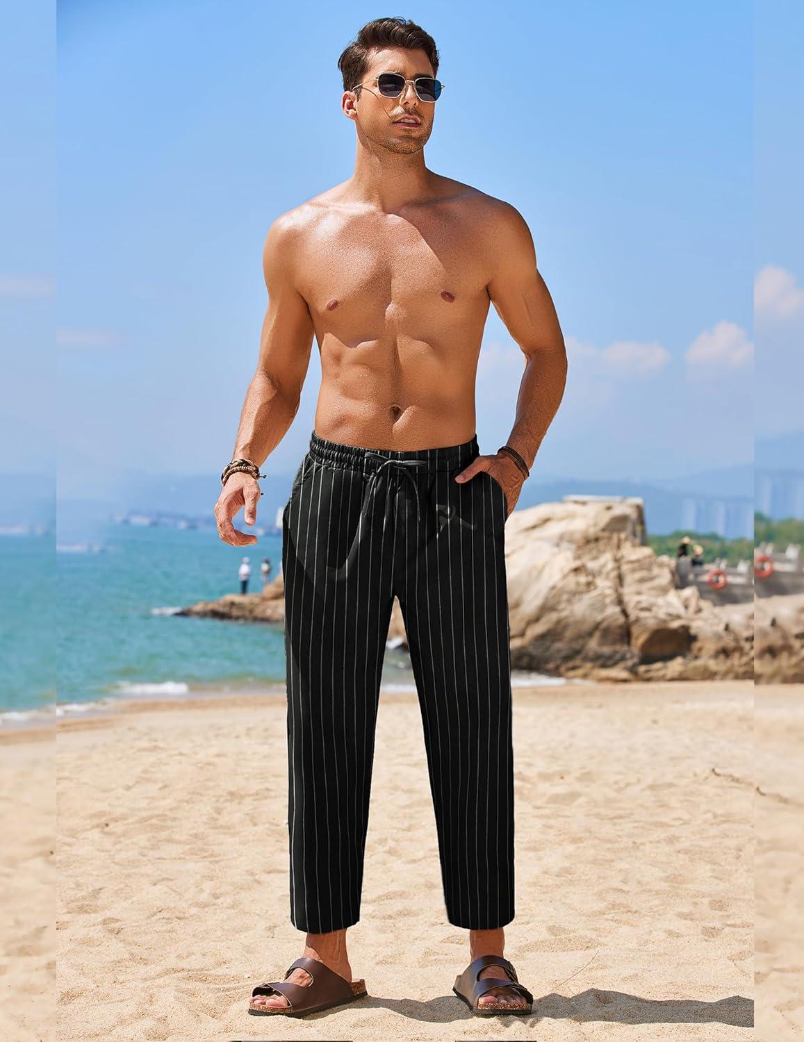 imageCOOFANDY Mens Linen Casual Pants Elastic Waist Drawstring Trousers Yoga Beach Summer PantsBlack  White Stripe 