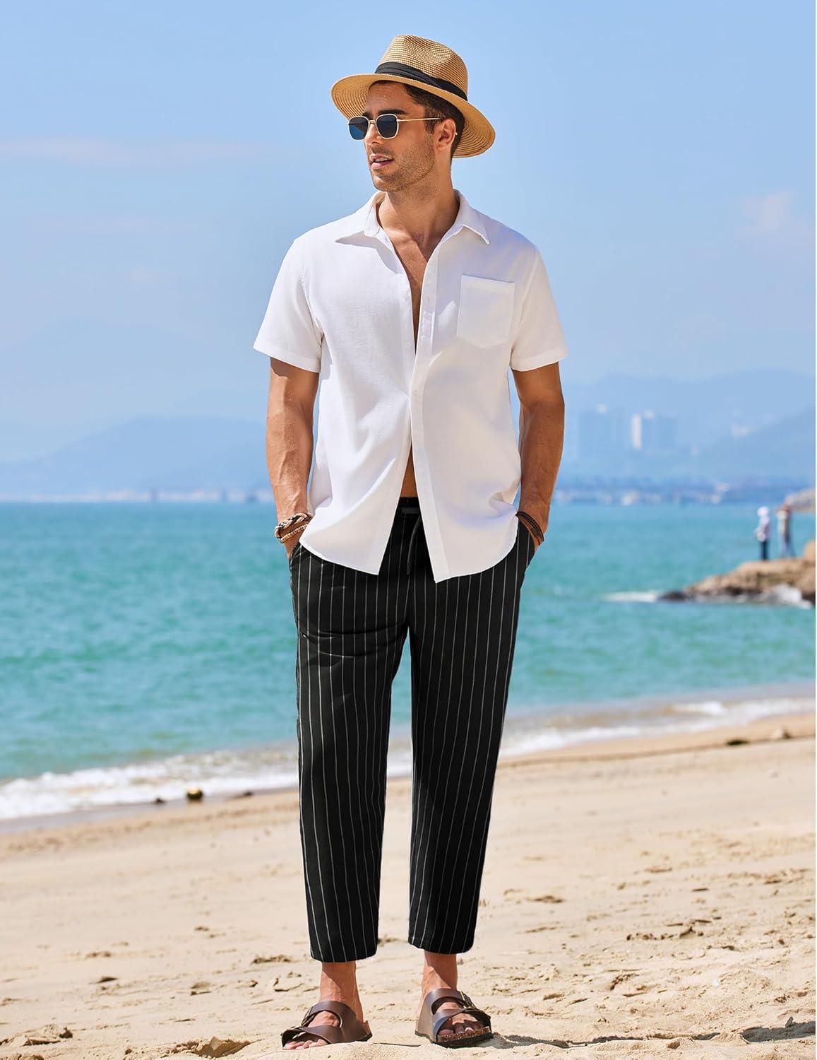 imageCOOFANDY Mens Linen Casual Pants Elastic Waist Drawstring Trousers Yoga Beach Summer PantsBlack  White Stripe 