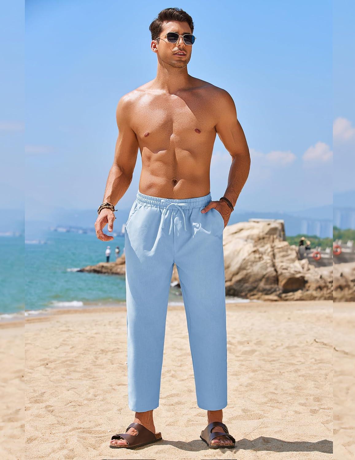imageCOOFANDY Mens Linen Casual Pants Elastic Waist Drawstring Trousers Yoga Beach Summer PantsBlue