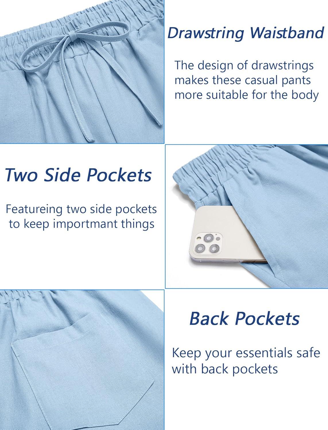 imageCOOFANDY Mens Linen Casual Pants Elastic Waist Drawstring Trousers Yoga Beach Summer PantsBlue