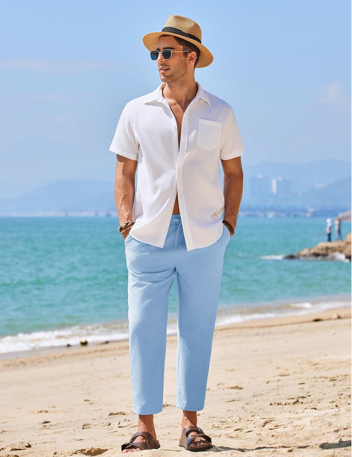 imageCOOFANDY Mens Linen Casual Pants Elastic Waist Drawstring Trousers Yoga Beach Summer PantsBlue