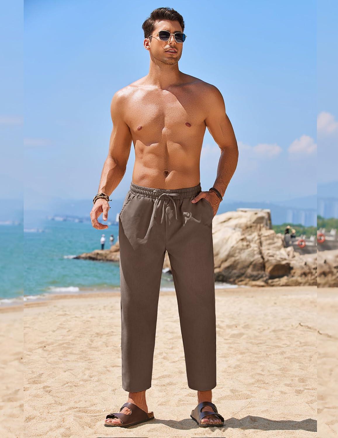 imageCOOFANDY Mens Linen Casual Pants Elastic Waist Drawstring Trousers Yoga Beach Summer PantsBrown