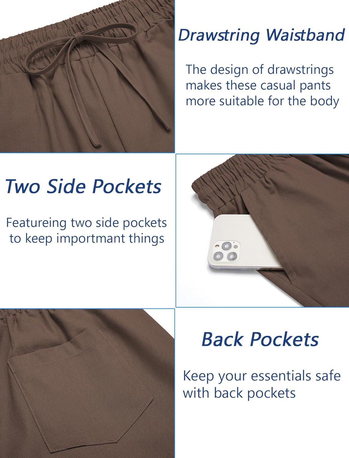 imageCOOFANDY Mens Linen Casual Pants Elastic Waist Drawstring Trousers Yoga Beach Summer PantsBrown