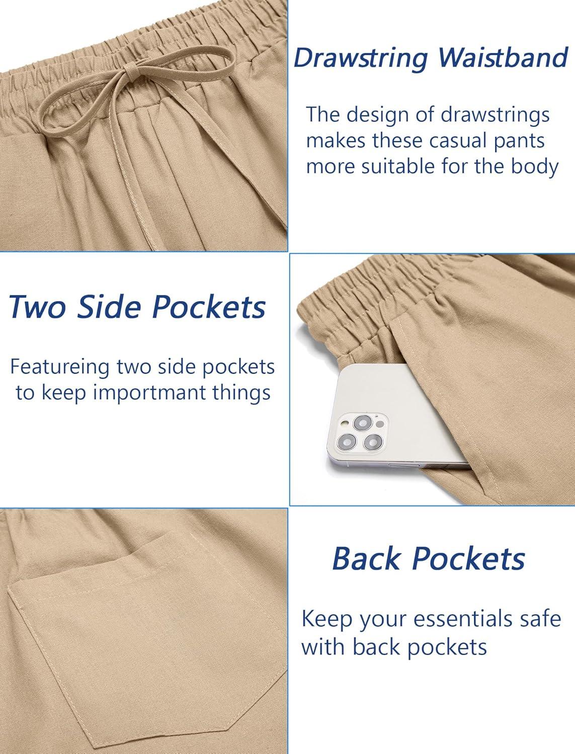 imageCOOFANDY Mens Linen Casual Pants Elastic Waist Drawstring Trousers Yoga Beach Summer PantsKhkai