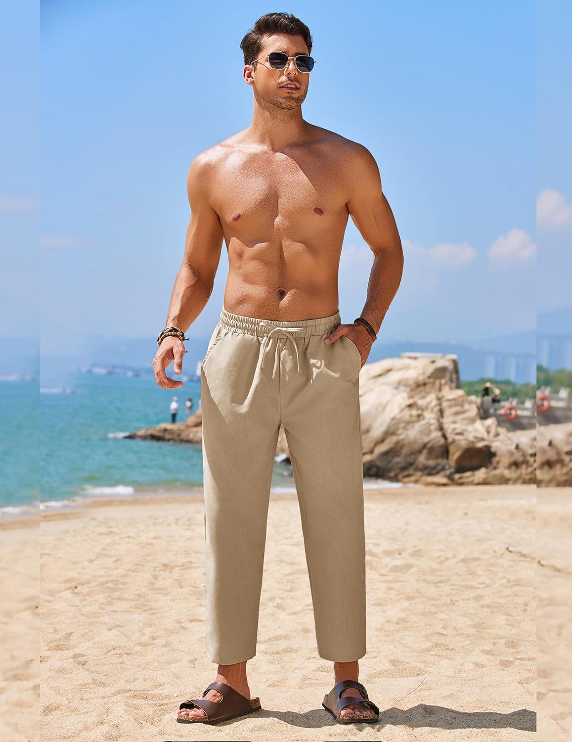 imageCOOFANDY Mens Linen Casual Pants Elastic Waist Drawstring Trousers Yoga Beach Summer PantsKhkai
