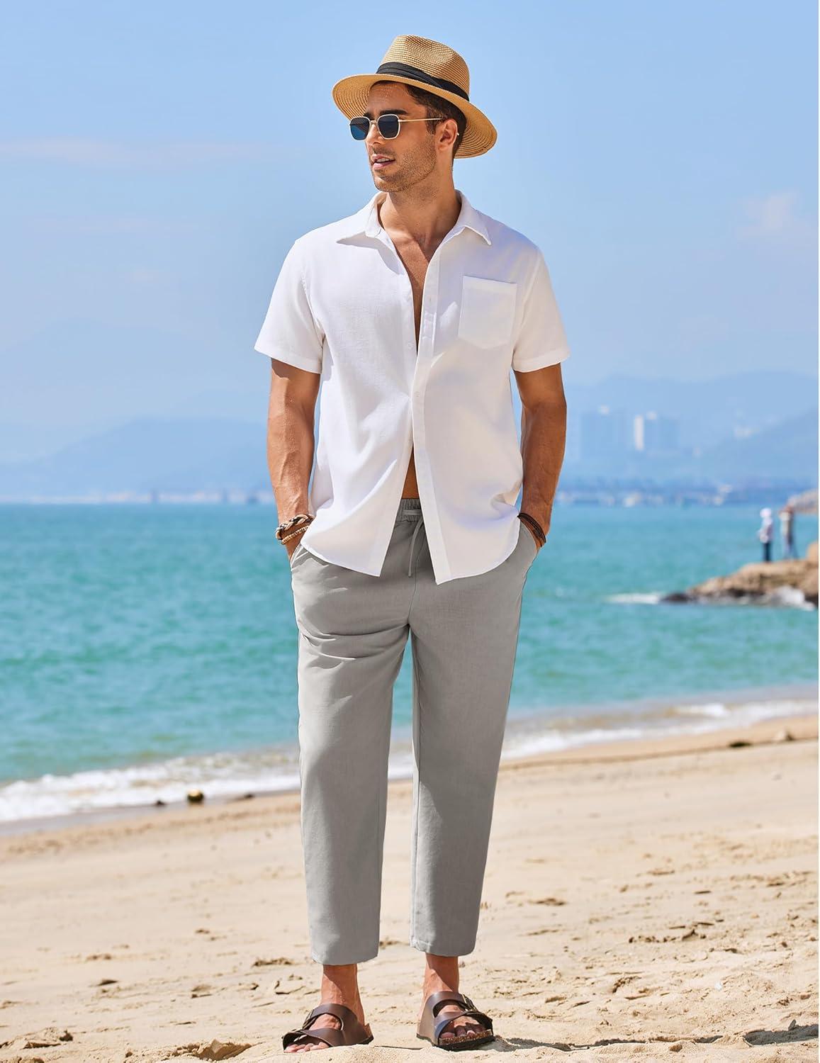 imageCOOFANDY Mens Linen Casual Pants Elastic Waist Drawstring Trousers Yoga Beach Summer PantsLight Grey