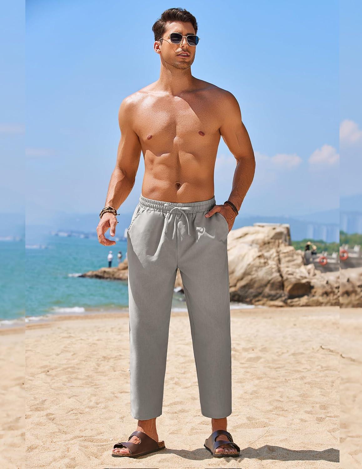 imageCOOFANDY Mens Linen Casual Pants Elastic Waist Drawstring Trousers Yoga Beach Summer PantsLight Grey