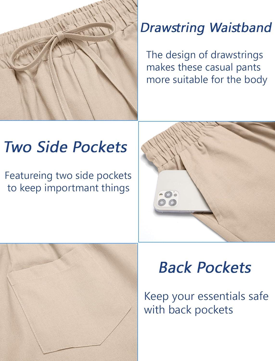 imageCOOFANDY Mens Linen Casual Pants Elastic Waist Drawstring Trousers Yoga Beach Summer PantsLight Khkai