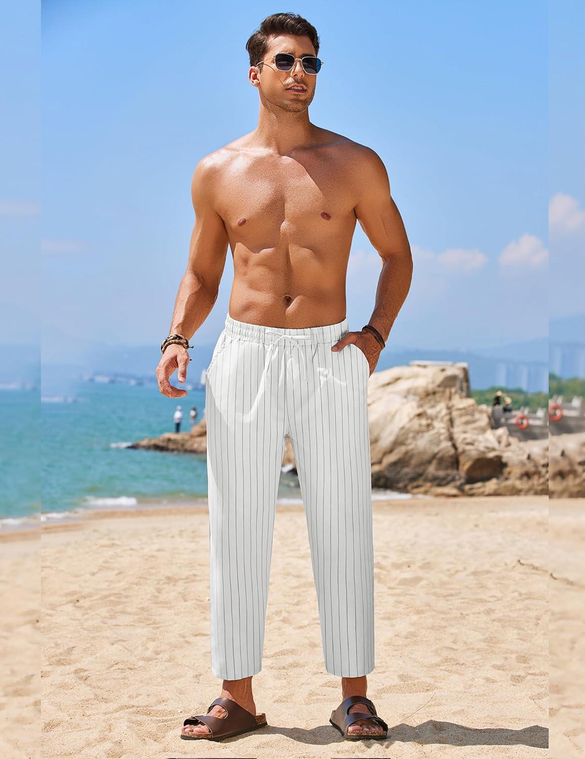 imageCOOFANDY Mens Linen Casual Pants Elastic Waist Drawstring Trousers Yoga Beach Summer PantsWhite  Black Stripe 