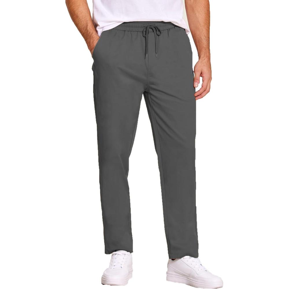 imageCOOFANDY Mens Casual Cotton Pants Regular Fit Elastic Waist Drawstring Twill Pants Straight Leg Chino PantsDark Grey