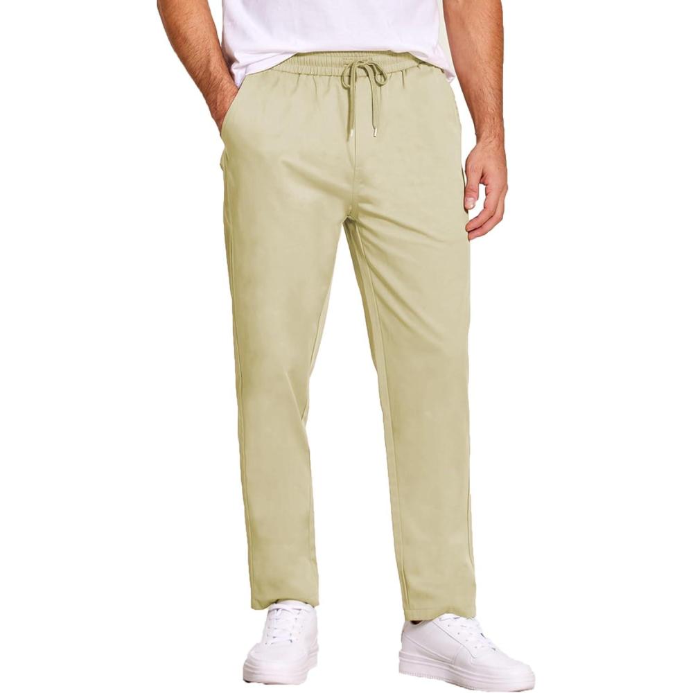 imageCOOFANDY Mens Casual Cotton Pants Regular Fit Elastic Waist Drawstring Twill Pants Straight Leg Chino PantsLight Khaki