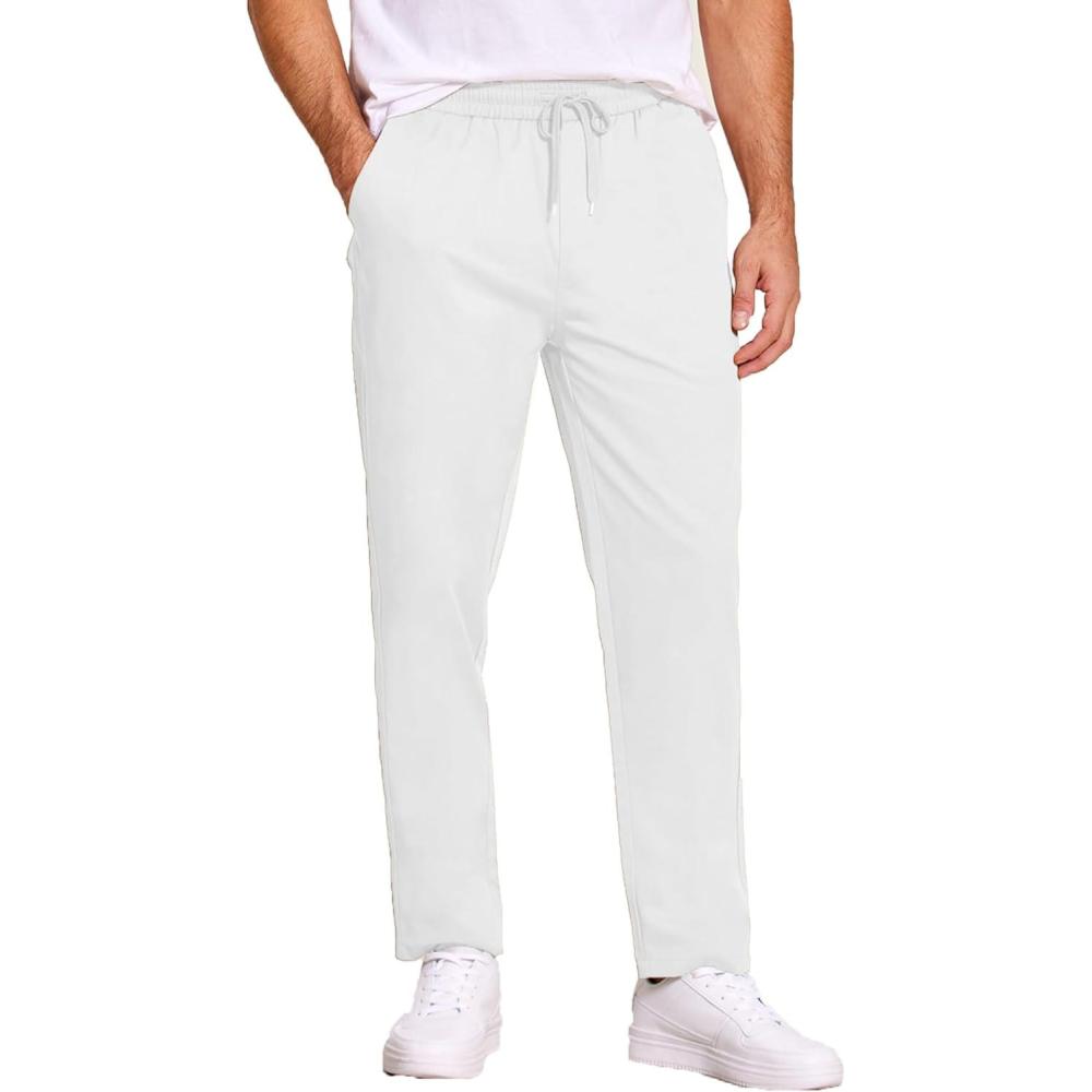 imageCOOFANDY Mens Casual Cotton Pants Regular Fit Elastic Waist Drawstring Twill Pants Straight Leg Chino PantsWhite