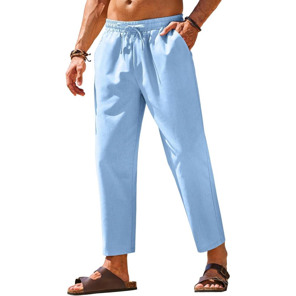 imageCOOFANDY Mens Linen Casual Pants Elastic Waist Drawstring Trousers Yoga Beach Summer PantsBlue