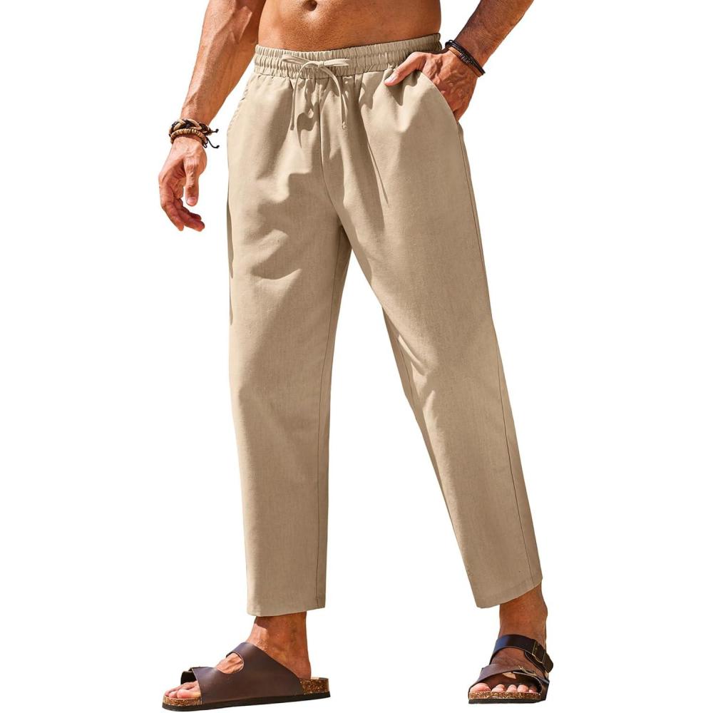 imageCOOFANDY Mens Linen Casual Pants Elastic Waist Drawstring Trousers Yoga Beach Summer PantsKhkai