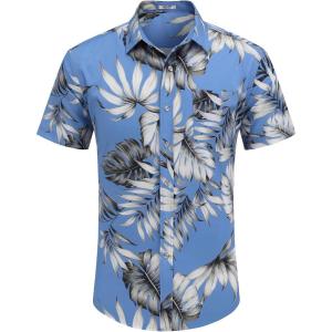 imageCOOFANDY Mens Hawaiian Tropical Shirts Short Sleeve Button Down Summer Beach Shirt with PocketSky Blue  White Leaf