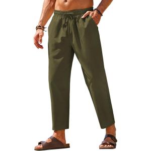 imageCOOFANDY Mens Linen Casual Pants Elastic Waist Drawstring Trousers Yoga Beach Summer PantsArmy Green