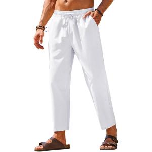 imageCOOFANDY Mens Linen Casual Pants Elastic Waist Drawstring Trousers Yoga Beach Summer PantsAwhite