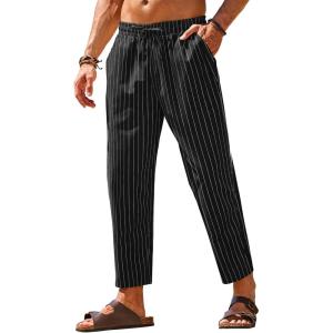 imageCOOFANDY Mens Linen Casual Pants Elastic Waist Drawstring Trousers Yoga Beach Summer PantsBlack  White Stripe 