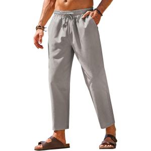 imageCOOFANDY Mens Linen Casual Pants Elastic Waist Drawstring Trousers Yoga Beach Summer PantsLight Grey