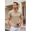 imageCOOFANDY Mens Knit Polo Shirts Casual Short Sleeve Button Down Polo Shirt Classic Golf ShirtsEkhaki White Striped