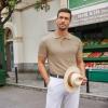imageCOOFANDY Mens Knit Polo Shirts Casual Short Sleeve Button Down Polo Shirt Classic Golf ShirtsEkhaki White Striped