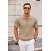 imageCOOFANDY Mens Knit Polo Shirts Casual Short Sleeve Button Down Polo Shirt Classic Golf ShirtsEkhaki White Striped
