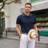 imageCOOFANDY Mens Knit Polo Shirts Casual Short Sleeve Button Down Polo Shirt Classic Golf ShirtsEnavy Blue White Striped