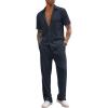 imageCOOFANDY Mens 2 Piece Outfit Casual Short Sleeve Button Down Shirt Beach Summer Loose Pant SetsNavy Blue